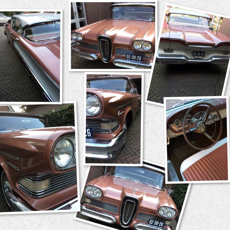 Collage van een gepoetste koperkleurige Edsel uit de jaren vijftig.